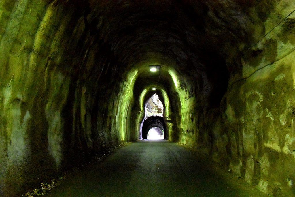 Slime green walls inside Kyoei / Mukoyama Tunnel