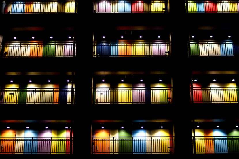 Colourful office doors at The Soho in Odaiba