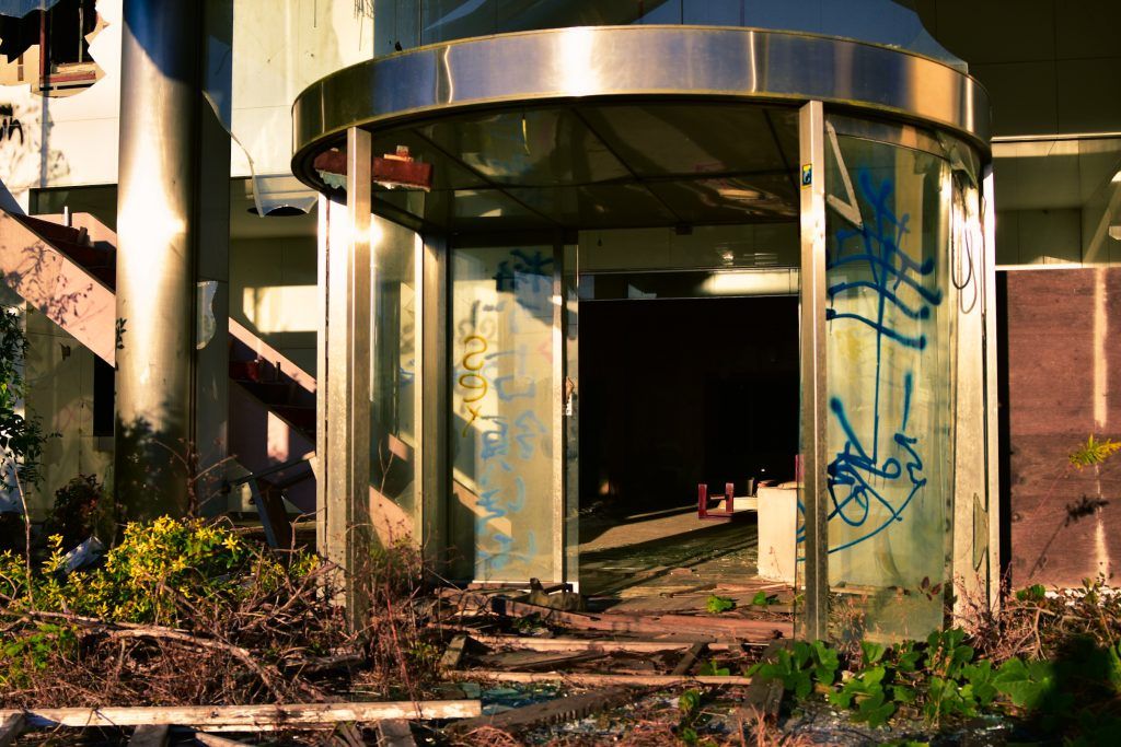 Gaping side entrance to Heiankaku haikyo in Kasama, Ibaraki Prefecture