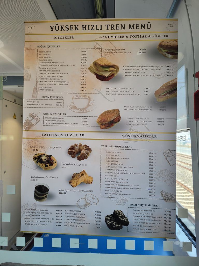 Menu in dining car of YHT